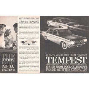 1961 Pontiac Tempest Trophy 4 Engine 2 Page Vintage Print Ad Classic Car Art